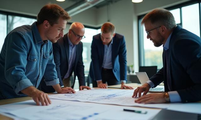 ClimateCare engineering team reviewing blueprints