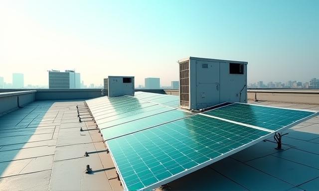 Rooftop HVAC units alongside solar panels